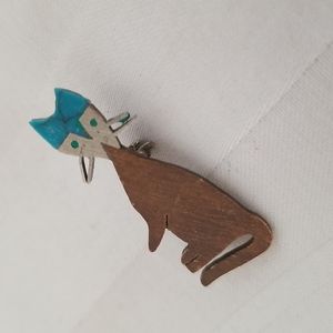 Vintage Metales Mexico Cat Brooch Necklace Copper Silver Turquoise